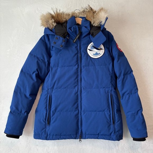 Canada Goose womens blue Chelsea Parka coat with patch 3804L fur hood size large - Picture 1 of 15